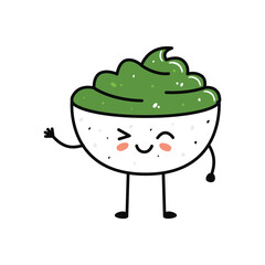Kawaii sushi mascot in cartoon style. Cute wasabi bowl for menu