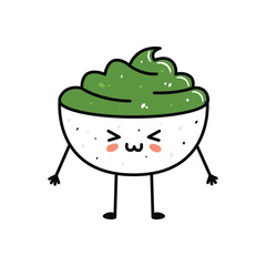 Kawaii sushi mascot in cartoon style. Cute wasabi bowl for menu
