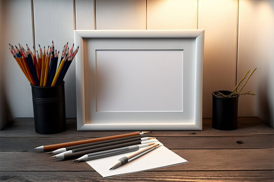 Over a wooden table, a picture of a white, empty photo frame with pencils is visible. For mockups, text and a photo montage might be used. Generative AI