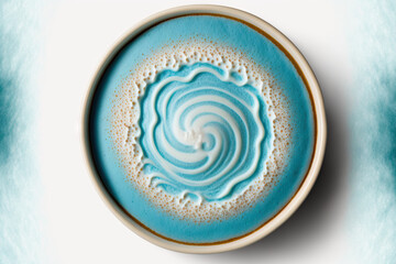Fototapeta premium Blue coffee cup top view, closeup, with foamy foam, isolated on a white backdrop. Concept for a cafe and barista art. Generative AI