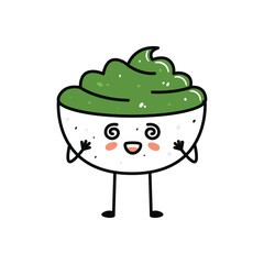 Kawaii sushi mascot in cartoon style. Cute wasabi bowl for menu