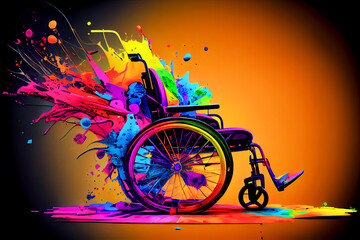 Abstract Wheelchair on Orange Background with Color Explosion, Mobility Concept, made in part with Generative AI