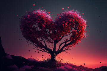 Love tree in the spring. Tree with a red heart form at dusk. beautiful flower filled landscape love the copy space in the backdrop. card for Valentine's Day. Generative AI
