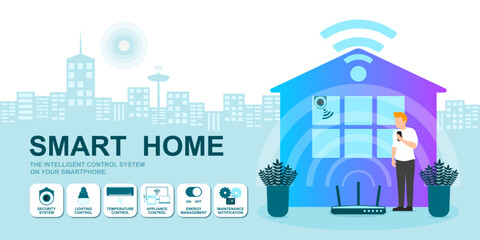 User of home intelligent system, Smart home application, Program on smartphone for security camera, Electric appliance control, Router Wi-Fi internet connected to modern house and building monitoring.