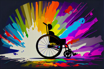 Woman in a Wheelchair Silhouette on Colorful Art Background, Illustration made in part with Generative AI