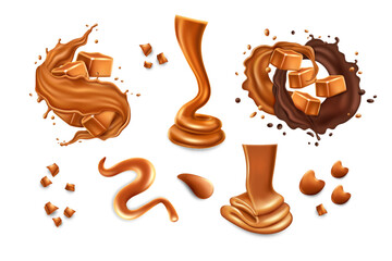 Realistic caramel, chocolate candy, toffee dessert. Sweet 3d milk splash of sauce or cream, cube icon in drip of syrup, smudges and puddle, melting liquid. Vector isolated illustration