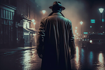 male detective stands with his back on a night street with rain in the style of film noir. Generative AI - obrazy, fototapety, plakaty