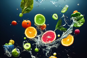 Fototapeta na wymiar Fruits and vegetables splashing into blue clear water. Generative AI