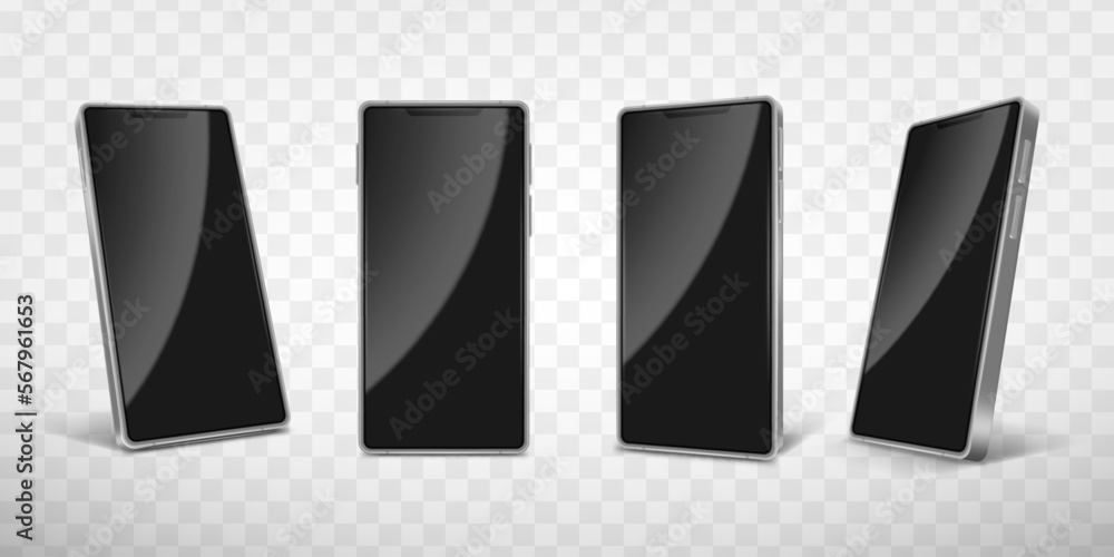 Poster new phone, cellphone touchscreen isolated on transparent background, device screen different angles 