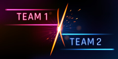 Versus game battle, gamer background. Vs fight competition, esport player logo, match contest. Red and blue team neon lights, tournament or championship banner template vector screen concept