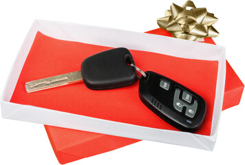 Car key with red gift box isolated on white background