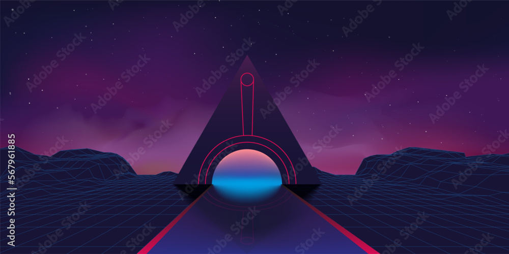 Wall mural Retrowave neon pyramid, arcade space. Retro purple technology lights, grid, 3d door or portal, road to night club rave. Cyber surface 90s style, digital landscape. Vector flyer background