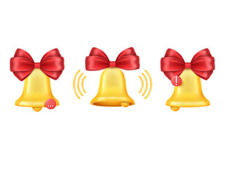 Gold Christmas bell. 3D ring. Golden jingle sign with red ribbon. Antique wedding symbol. Holiday newsletter notification. Message alert. Attention or subscribe icon. Vector render design