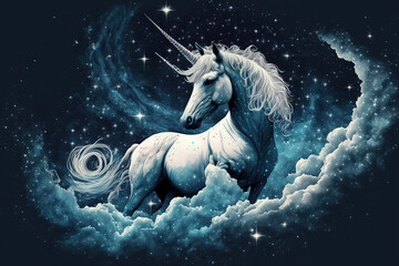 Naklejka na ściany i meble Fantastic starry sky with fluffy clouds and a magical unicorn. Generative AI