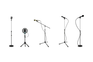 Realistic professional microphones, studio mic. Handle wire, karaoke music, metal for speech or concert. Sound broadcasting, singer equipment. 3D isolated elements, different types. Vector set - obrazy, fototapety, plakaty