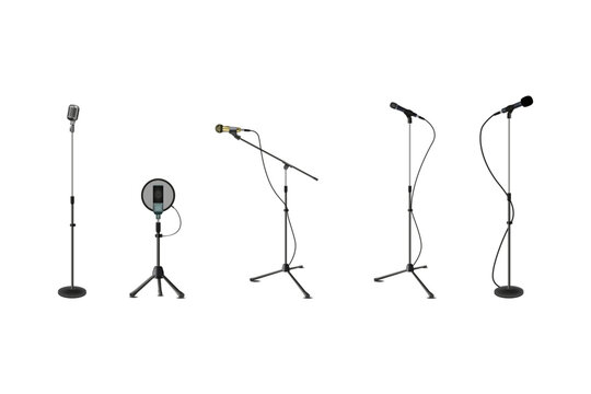 Realistic professional microphones, studio mic. Handle wire, karaoke music, metal for speech or concert. Sound broadcasting, singer equipment. 3D isolated elements, different types. Vector set