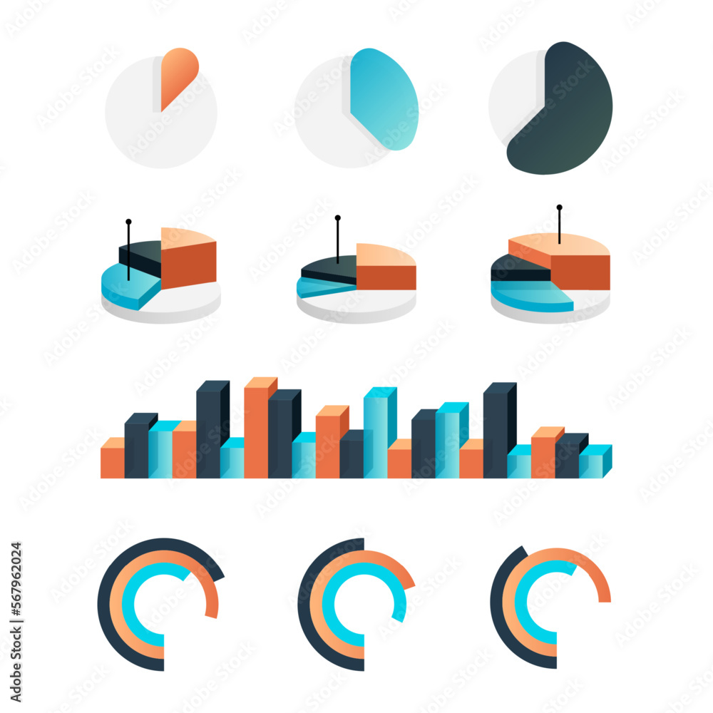 Aufkleber Graphic charts. Infographic statistic bars and circle diagrams for data presentation. Comparison histogram elements. Isolated analytic graph types set. Vector information visualization