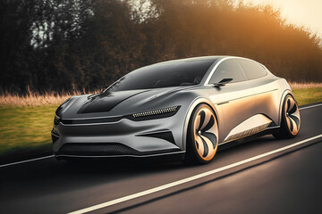 Futuristic vehicle sedan car moving on the countryside road. Futuristic luxury car in motion generated by AI