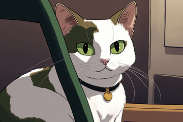 Close up of a white brown cat with green eyes against the chair's back in the foreground. Generative AI