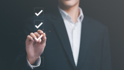 businessman check mark about exploring topics,In the virtual form check sheet,checklist ideas,...