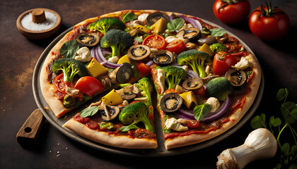 Gourmet Vegetarian Pizza with Red Onions and Olives generative ai