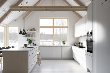 White hued hardwood kitchen that Japandi bleached. Beams and parquet flooring combine. expansive windows. interior design that is minimal. Generative AI