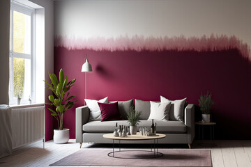 Interior of a contemporary living room with a burgundy and white ombre wall. Generative AI