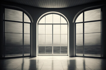 Architecture background empty interior with panoramic windows. Generative AI