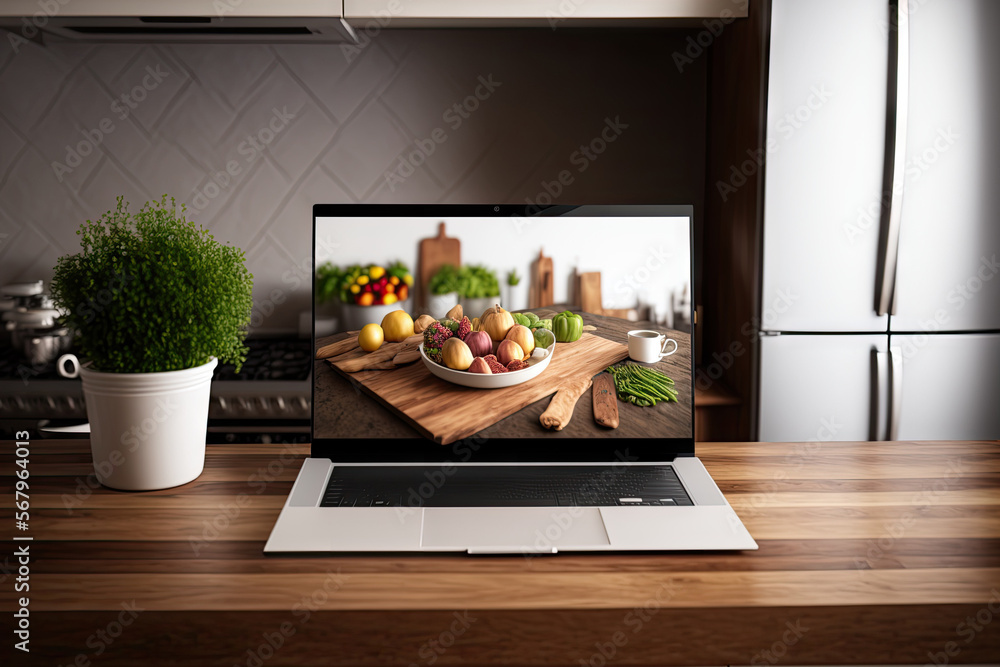 Poster mockup laptop with a blank screen and copy space for a product display on a hardwood table in a kitc