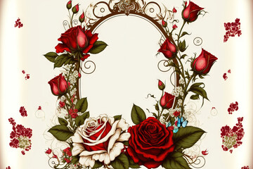 In Wonderland, Alice White background with red and white roses. Wonderland setting Frame of a rose. Illustration. Generative AI - obrazy, fototapety, plakaty