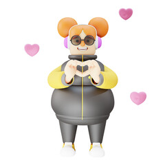3D illustration. 3D Cartoon Illustration of Cute Girl with love sign finger. many forms of love surround. showing a beautiful smile. 3D Cartoon Character