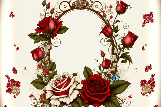 In Wonderland, Alice White background with red and white roses. Wonderland setting Frame of a rose. Illustration. Generative AI