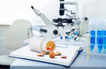 Set of medicines pills on doctor's desk