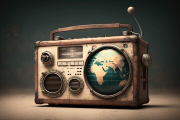 Vintage radio with planet earth. World radio day theme concept.