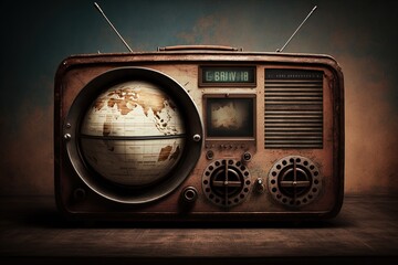 Vintage radio with planet earth. World radio day theme concept.