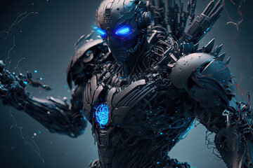 Fototapeta na wymiar piloting a black robotic soldier with blue components,. Generative AI