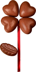 Close up of chocolate heart shape candies with red ribbon isolated on white background