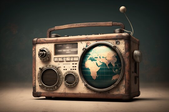 Vintage radio with planet earth. World radio day theme concept.