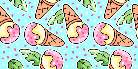 Cute cartoon ice cream, vector seamless pattern in the style of doodles, hand drawn