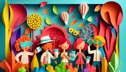 Colorful Children's World in papercut style. Vector illustration background. Generative AI