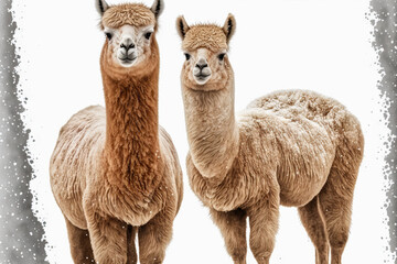 Two beautiful alpacas in the winter. camelid from South America. Generative AI