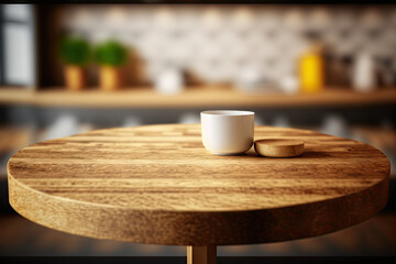 Fototapeta na wymiar Wood table with blank copy space for a mockup of a product display in a modern restaurant or coffee shop's fuzzy background. Concept for a restaurant counter's interior design. Generative AI