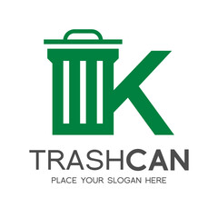 Letter K trash can vector logo template. This design use green color and nature theme. Suitable for recycle, reduce, font and text.