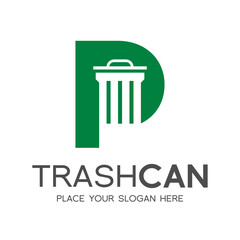 Letter P trash can vector logo template. This design use green color and nature theme. Suitable for recycle, reduce, font and text.