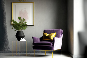 Vertical living room with mockup empty gray plaster wall stucco microcement or concrete. Very peri purple chair color. Lounge room modern design interior gallery with black concole. Generative AI