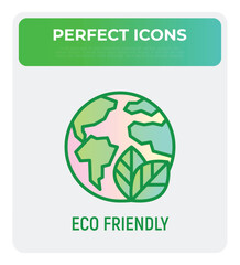 Eco friendly symbol for packaging. Thin line icon with Earth and leaf. Modern vector illustration.