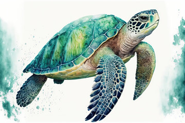 isolated sea green turtle on a white background. Illustration. Watercolor. An image. Generative AI
