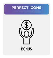 Financial bonus thin line icon: man holding dollar coin in hands. Salary, profit, earnings. Modern vector illustration.