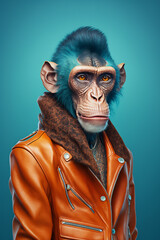 Stylish Monkey  as Fashion Model in Leather Jacket Generative AI Digital Illustration Part#40223