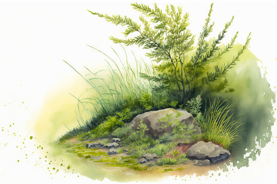 Sandy terrain with a background of green grass. Illustration in watercolor. Natural sandy ground with little boulders and a background of fern, wild herbs, and green, luxuriant grass. natural setting